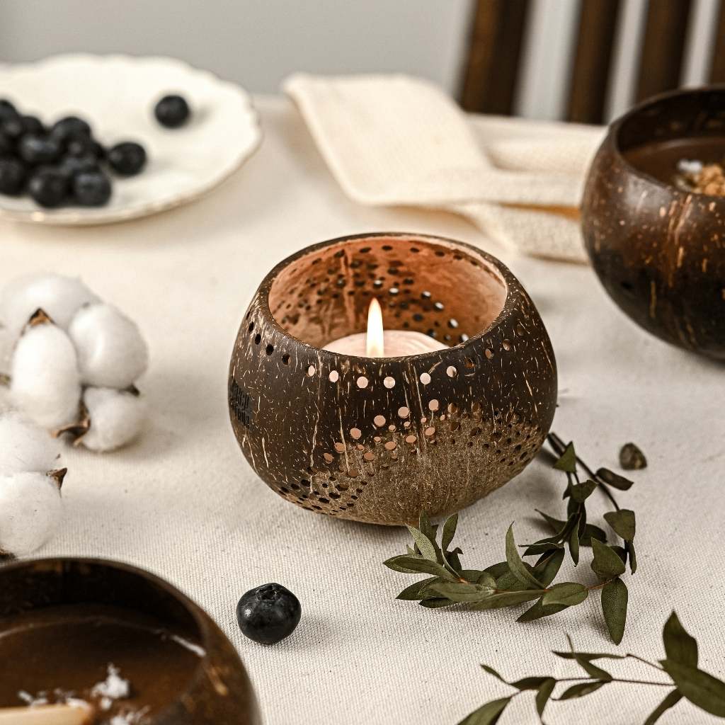 Coconut Shell Tea light Holder Set of 2 - Green Skye-