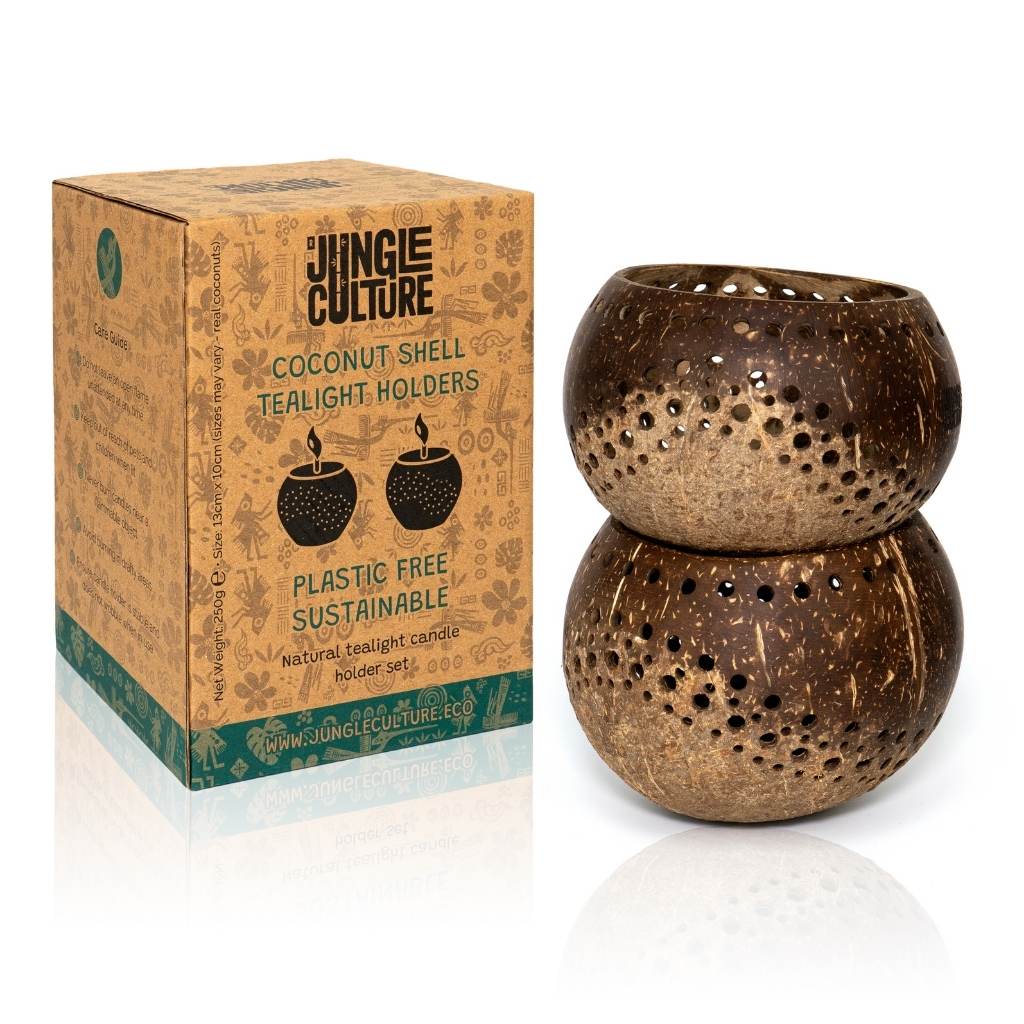 Coconut Shell Tea light Holder Set of 2 - Green Skye-