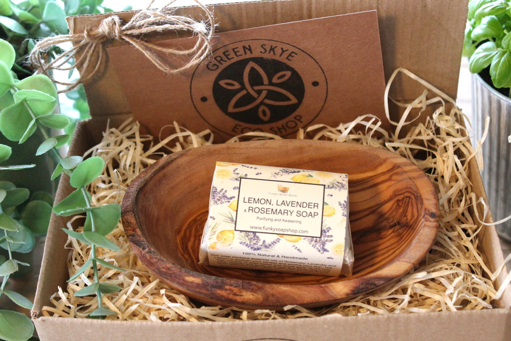 Lemon, Lavender & Rosemary Soap in an Olive Wood Soap Dish Gift Box - Green Skye-