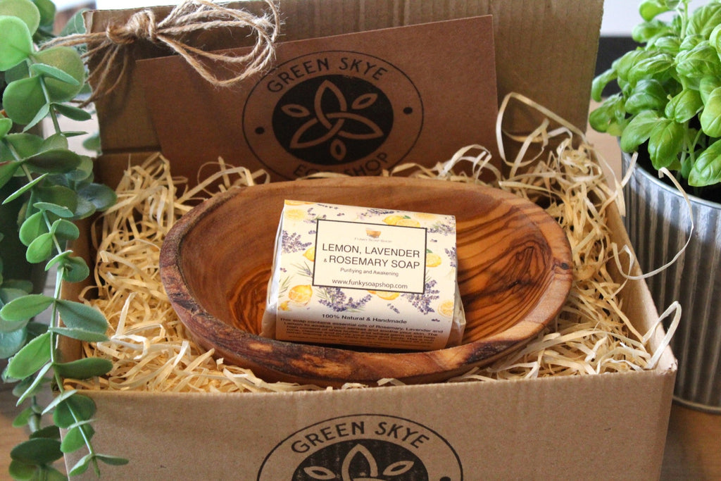 Lemon, Lavender & Rosemary Soap in an Olive Wood Soap Dish Gift Box - Green Skye-