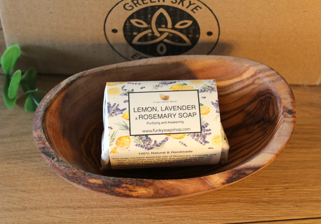 Lemon, Lavender & Rosemary Soap in an Olive Wood Soap Dish Gift Box - Green Skye-